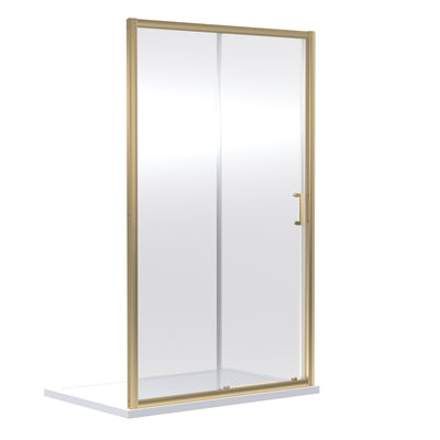 Porto Brushed Brass 6mm Sliding Shower Door With White Stone Resin Tray & Waste - 1500 x 700mm