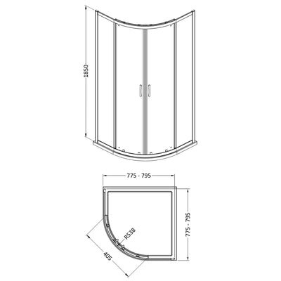Lisbon 5mm Quadrant Shower Enclosure - 800 x 800mm, 1850mm High, Chrome