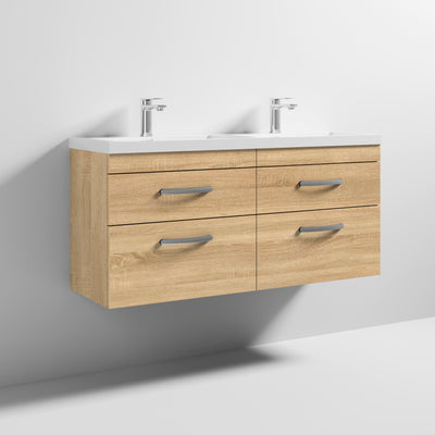 Cape 1200mm Wall Hung 4 Drawer Vanity Unit & Double Resin Basin - Natural Oak
