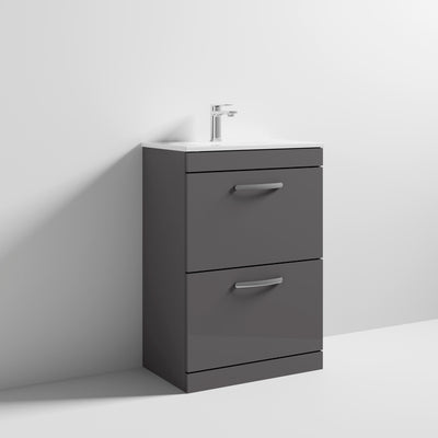 Lana 600mm Floor Standing 2 Drawer Vanity Unit & Minimalist Basin - Gloss Grey