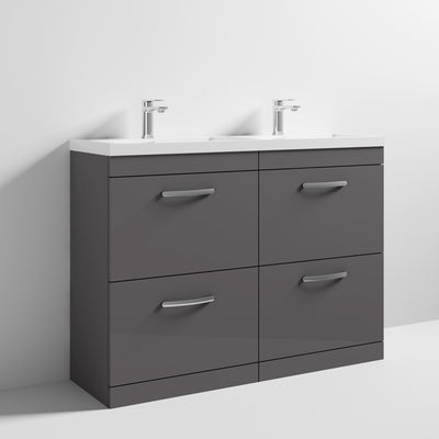 Cape 1200mm Floor Standing 4 Drawer Vanity Unit & Double Resin Basin - Gloss Grey