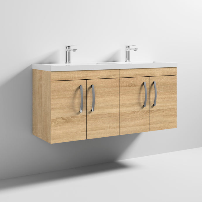 Cape 1200mm Wall Hung 4 Door Vanity Unit & Double Resin Basin - Natural Oak