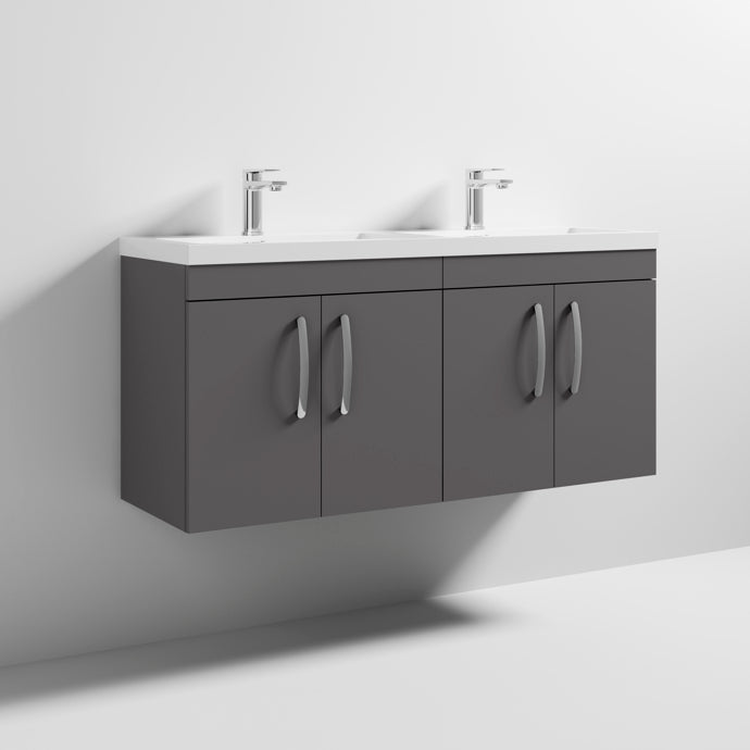 Cape 1200mm Wall Hung 4 Door Vanity Unit & Double Resin Basin - Gloss Grey