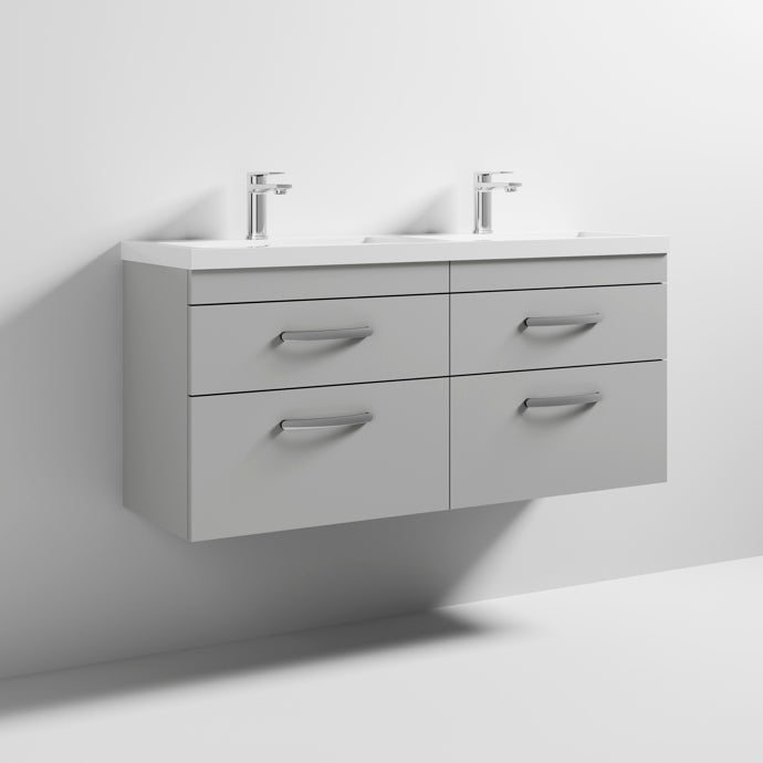 Cape 1200mm Wall Hung 4 Drawer Vanity Unit & Double Resin Basin - Gloss Grey Mist