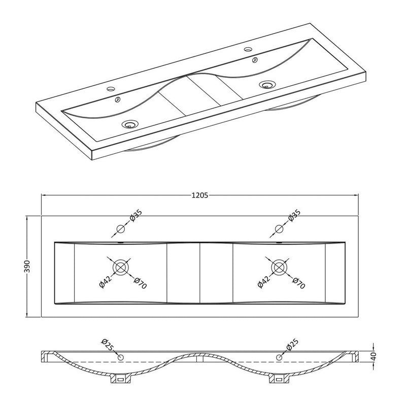 Cape 1200mm Wall Hung 4 Door Vanity Unit & Double Ceramic Basin - Anthracite Woodgrain