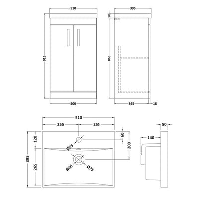 Como 500mm Floor Standing 2 Door Vanity Unit & Thin Edge Basin - Anthracite Woodgrain