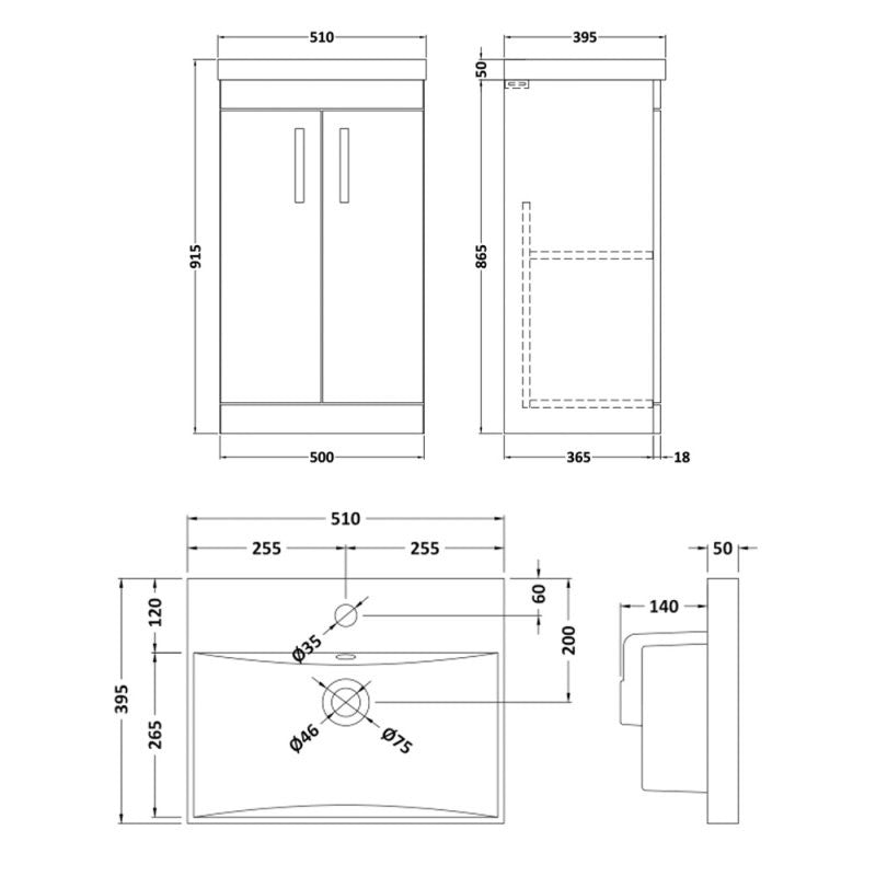 Como 500mm Floor Standing 2 Door Vanity Unit & Thin Edge Basin - Anthracite Woodgrain