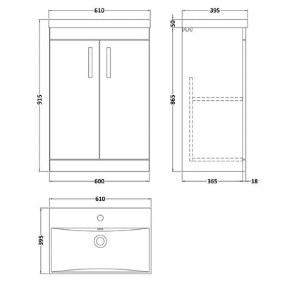 Como 600mm Floor Standing 2 Door Vanity Unit & Thin Edge Basin - Gloss Grey Mist