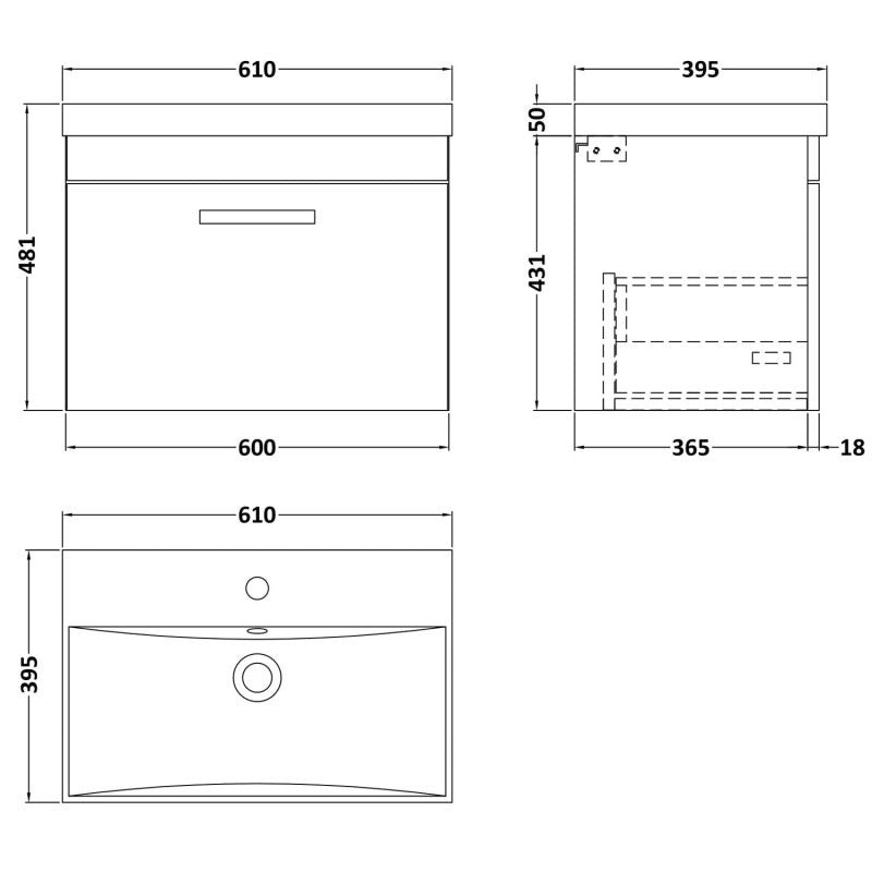 Como 600mm Wall Hung Single Drawer Vanity Unit & Thin Edge Basin - Natural Oak