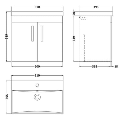 Como 600mm Wall Hung 2 Door Vanity Unit & Thin Edge Basin - Gloss White