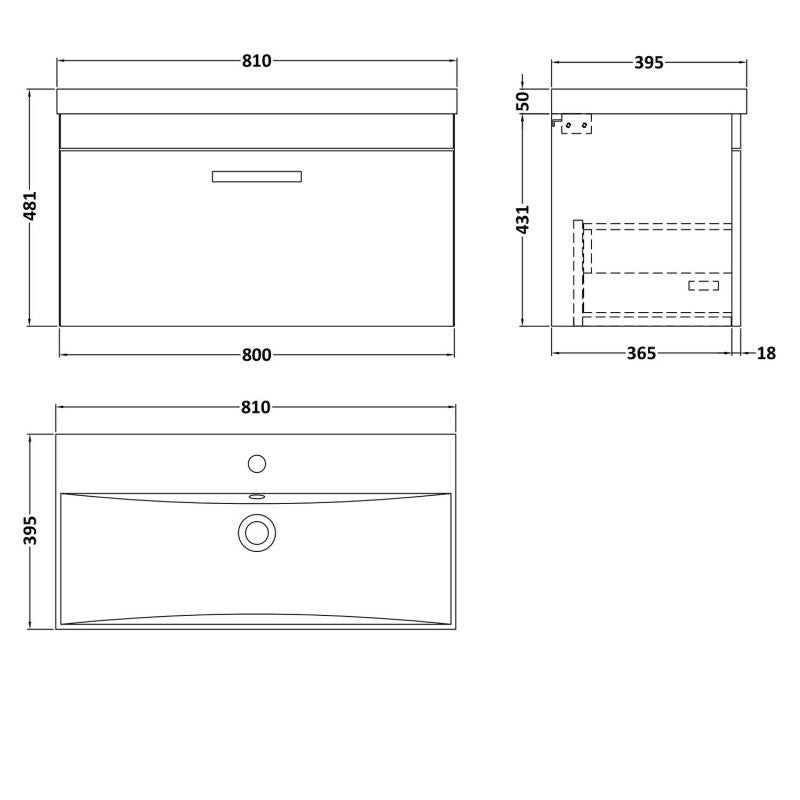 Como 800mm Wall Hung Single Drawer Vanity Unit & Thin Edge Basin - Gloss Grey Mist