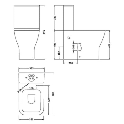 Nuie Ava Rimless Flush To Wall Close Coupled Toilet & Soft Close Seat - 613mm Projection