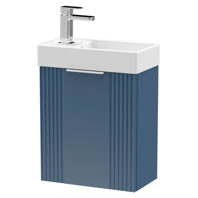 Nuie Deco Compact 400 x 222mm Wall Hung Vanity Unit With 1 Door & Ceramic Basin - Blue Satin