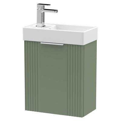 Nuie Deco Compact 400 x 222mm Wall Hung Vanity Unit With 1 Door & Ceramic Basin - Green Satin