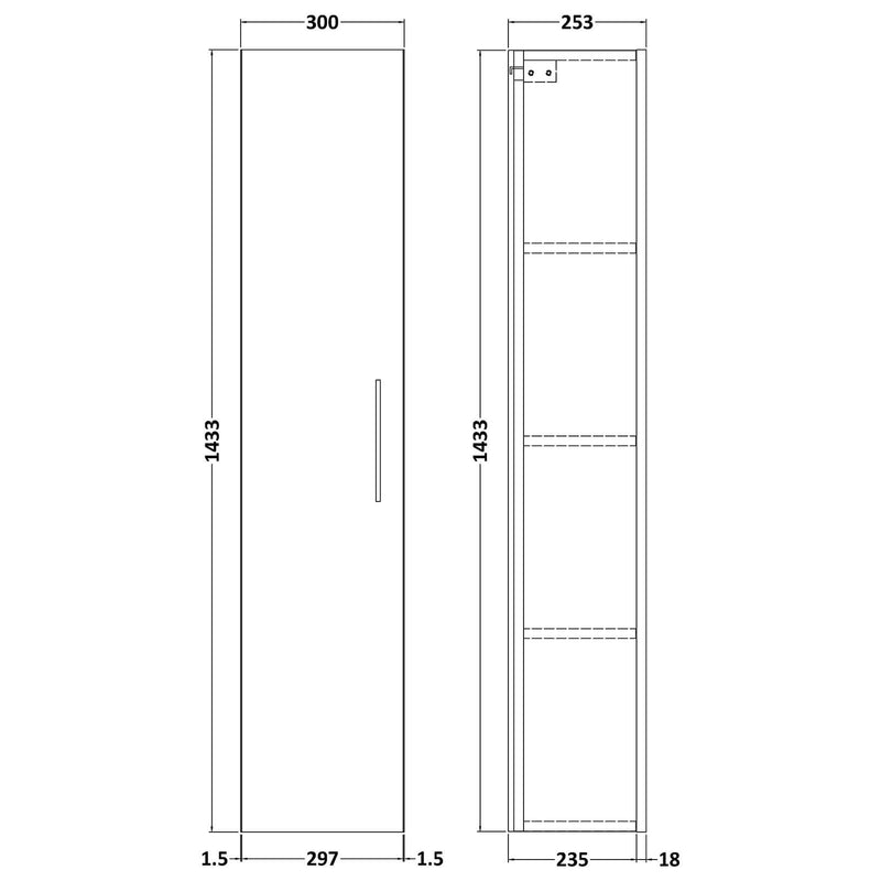 Nuie Arno 300 x 253mm Wall Hung Tall Unit With 1 Door
