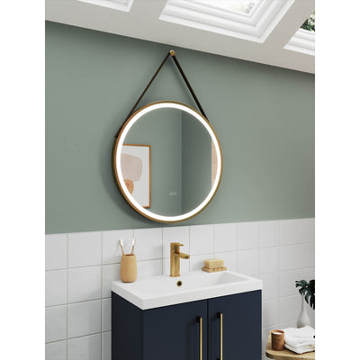 Hudson Reed Salana Brushed Brass Framed LED Touch Sensor Mirror With Brown Strap - 600 x 600mm