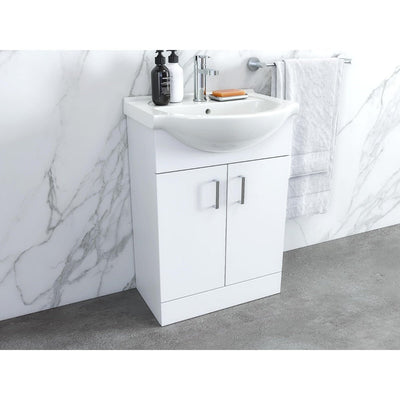 Nuie Mayford 650 x 300mm Floor Standing Vanity Unit With 2 Doors & Ceramic Basin - Gloss White