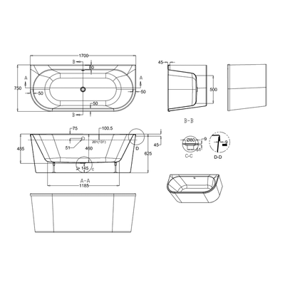 Britton Bathrooms Cleargreen Saturn Back To Wall Freestanding Bath 1700 x 750mm