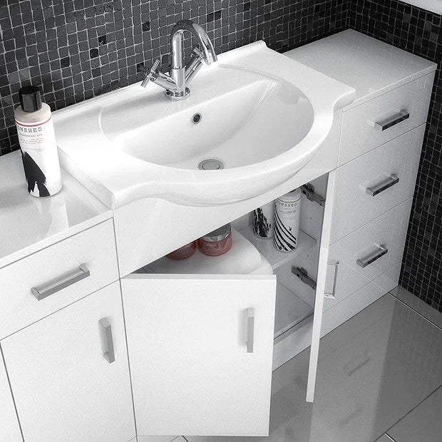Nuie Mayford 750 x 330mm Floor Standing Vanity Unit With 3 Doors, 2 Drawers & Ceramic Basin - Gloss White