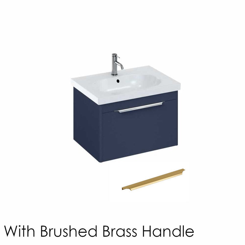 Britton Bathrooms Shoreditch 650mm Single Drawer Vanity Unit With Origin Round Basin & Brushed Brass Handle - Matt Blue