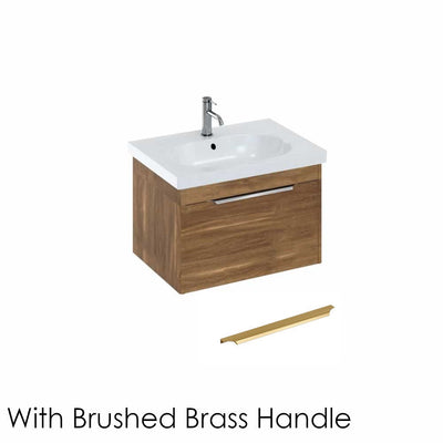 Britton Bathrooms Shoreditch 650mm Single Drawer Vanity Unit With Origin Round Basin & Brushed Brass Handle - Caramel