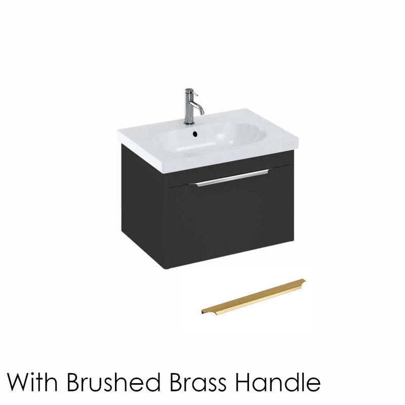 Britton Bathrooms Shoreditch 650mm Single Drawer Vanity Unit With Origin Round Basin & Brushed Brass Handle - Matt Grey