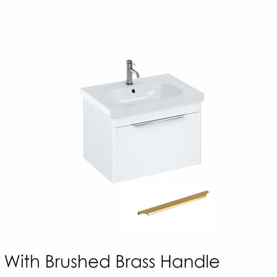 Britton Bathrooms Shoreditch 650mm Single Drawer Vanity Unit With Origin Round Basin & Brushed Brass Handle - Matt White