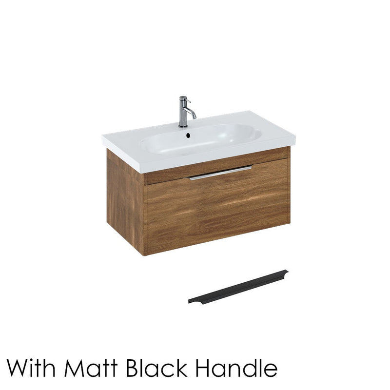 Britton Bathrooms Shoreditch 850mm Single Drawer Vanity Unit With Origin Round Basin & Matt Black Handle - Caramel