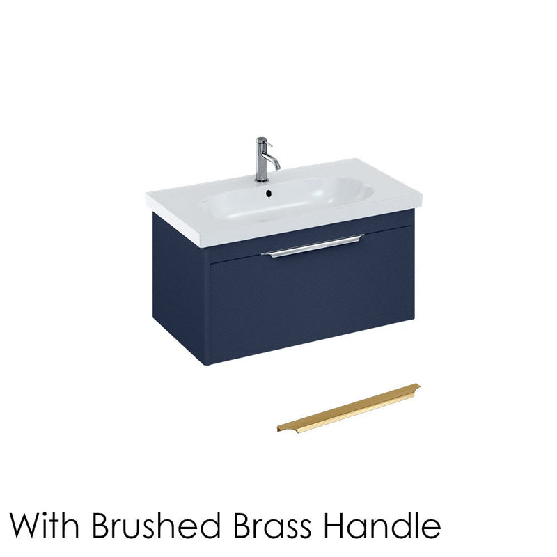 Britton Bathrooms Shoreditch 850mm Single Drawer Vanity Unit With Origin Round Basin & Brushed Brass Handle - Matt Blue