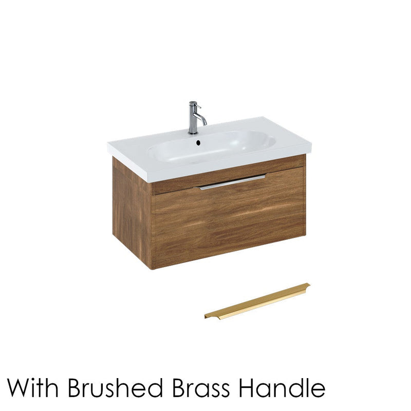 Britton Bathrooms Shoreditch 850mm Single Drawer Vanity Unit With Origin Round Basin & Brushed Brass Handle - Caramel