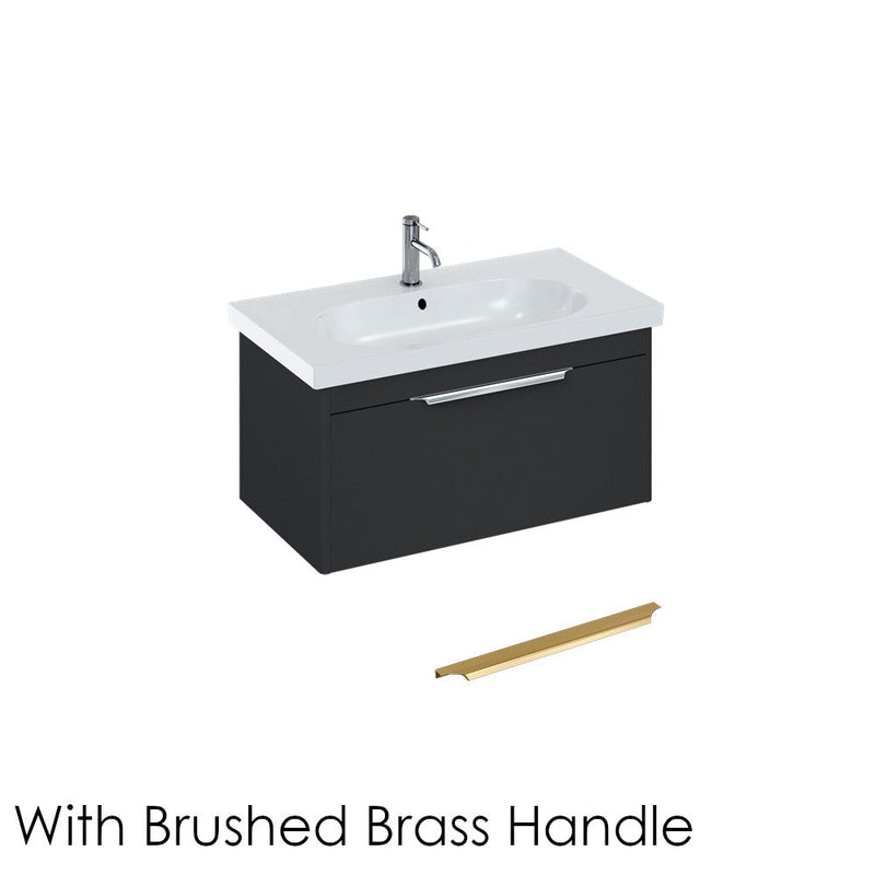 Britton Bathrooms Shoreditch 850mm Single Drawer Vanity Unit With Origin Round Basin & Brushed Brass Handle - Matt Grey