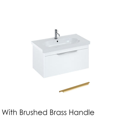 Britton Bathrooms Shoreditch 850mm Single Drawer Vanity Unit With Origin Round Basin & Brushed Brass Handle - Matt White