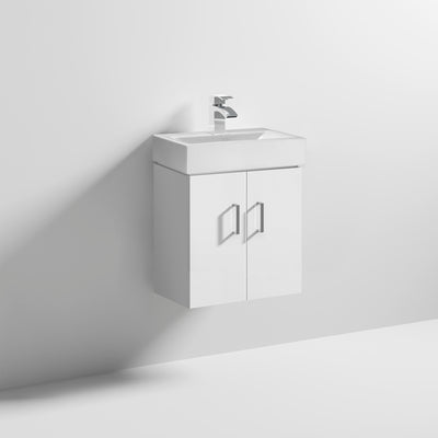 Nuie Mayford Cloakroom 450 x 320mm Wall Hung Vanity Unit With 2 Doors & Ceramic Basin - Gloss White