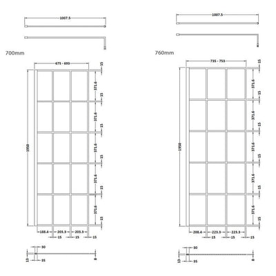 Vista Black Grid 1950mm 8mm Wetroom Shower Screen With Fixed Return