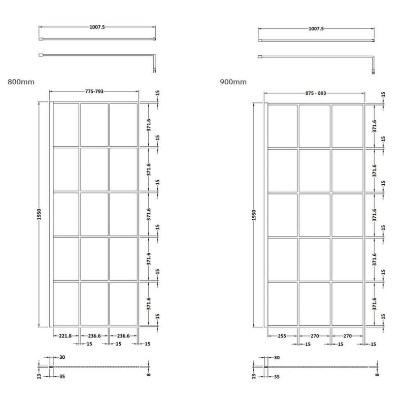 Vista Black Grid 1950mm 8mm Freestanding Wetroom Shower Screen With Wall Arms