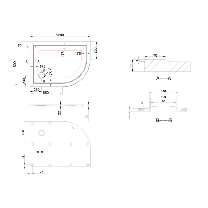Zamori Anti Slip Offset Quadrant Shower Tray