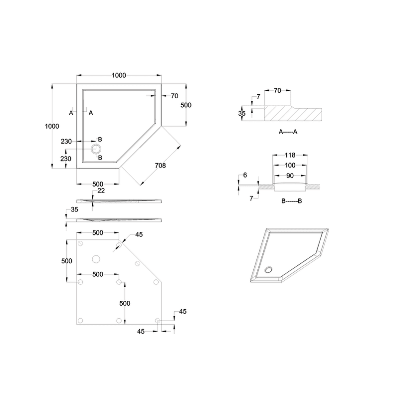 Zamori Antibacterial Pentagle Shower Tray