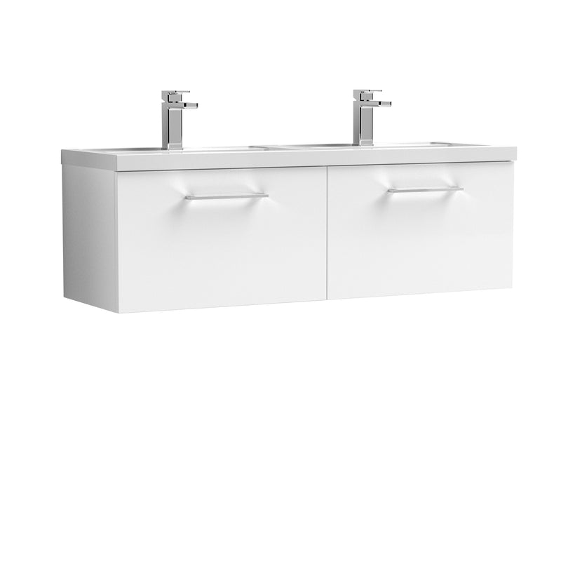 Nuie Arno 1200 x 383mm Wall Hung Vanity Unit With 2 Drawers & Twin Polymarble Basin - White Gloss