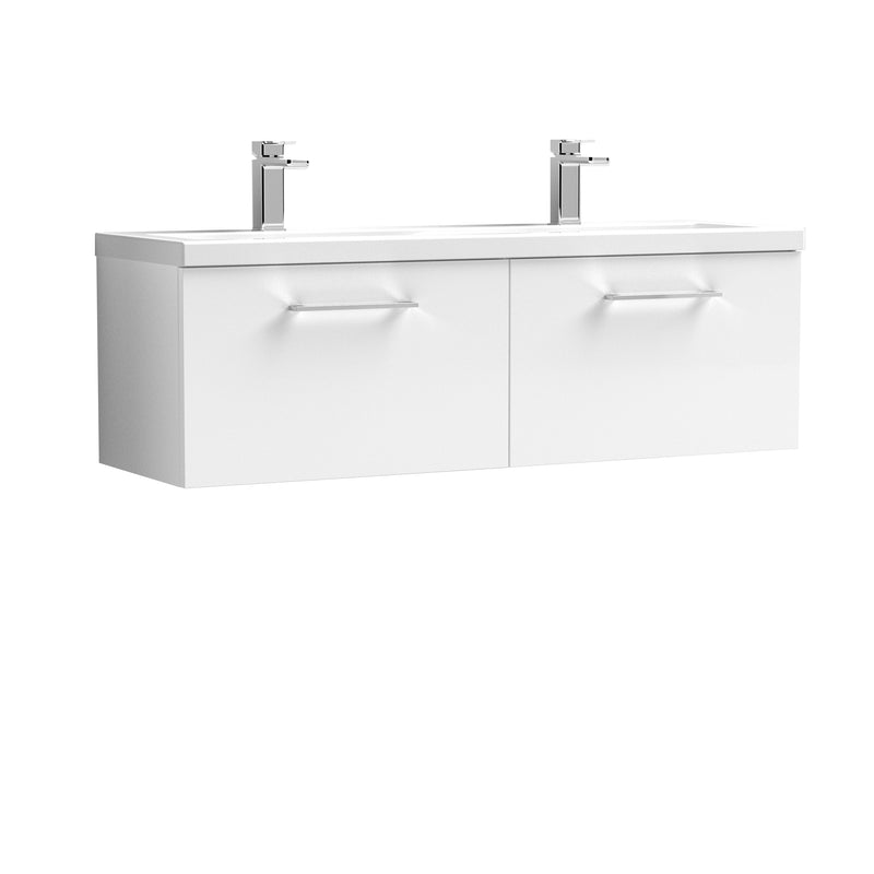 Nuie Arno 1200 x 383mm Wall Hung Vanity Unit With 2 Drawers & Twin Ceramic Basin - White Gloss