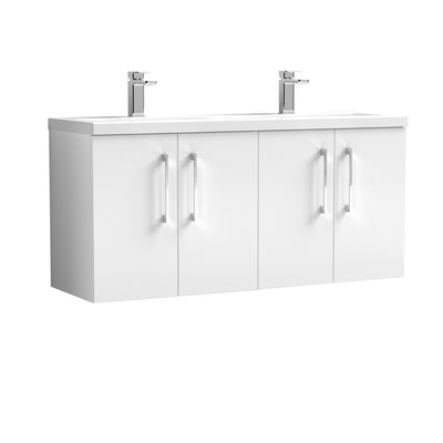 Nuie Arno 1200 x 383mm Wall Hung Vanity Unit With 4 Doors & Twin Ceramic Basin - White Gloss