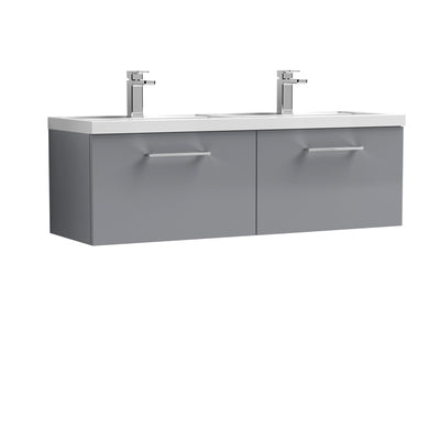 Nuie Arno 1200 x 383mm Wall Hung Vanity Unit With 2 Drawers & Twin Polymarble Basin - Cloud Grey Gloss