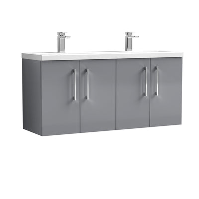 Nuie Arno 1200 x 383mm Wall Hung Vanity Unit With 4 Doors & Twin Ceramic Basin - Cloud Grey Gloss