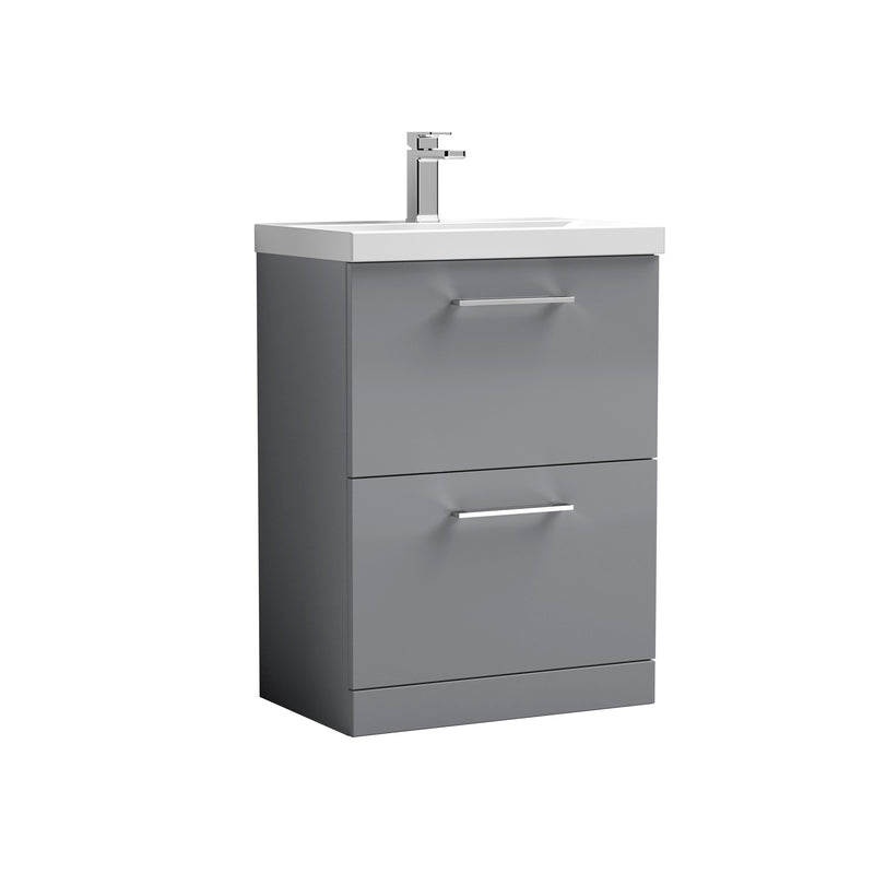 Nuie Arno 600 x 383mm Floor Standing Vanity Unit With 2 Drawers & Mid Edge Basin - Cloud Grey Gloss