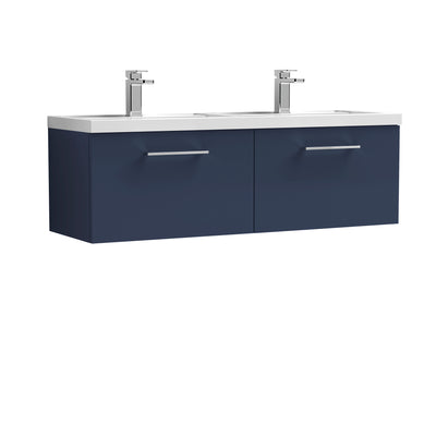 Nuie Arno 1200 x 383mm Wall Hung Vanity Unit With 2 Drawers & Twin Polymarble Basin - Electric Blue Matt