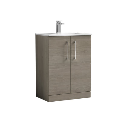 Nuie Arno 600 x 383mm Floor Standing Vanity Unit With 2 Doors & Minimalist Basin - Solace Oak Woodgrain