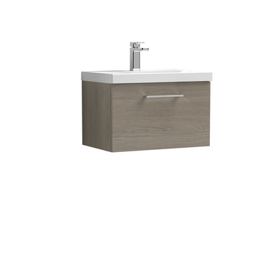 Nuie Arno 600 x 383mm Wall Hung Vanity Unit With 1 Drawer & Mid Edge Basin - Solace Oak Woodgrain