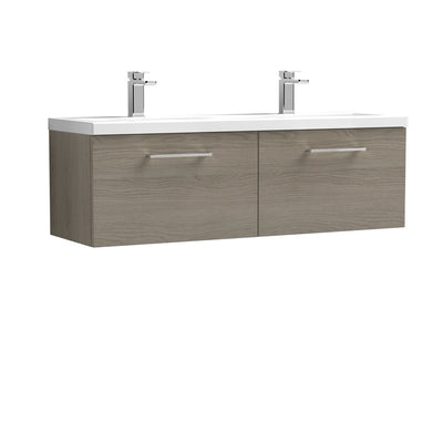 Nuie Arno 1200 x 383mm Wall Hung Vanity Unit With 2 Drawers & Twin Ceramic Basin - Solace Oak Woodgrain