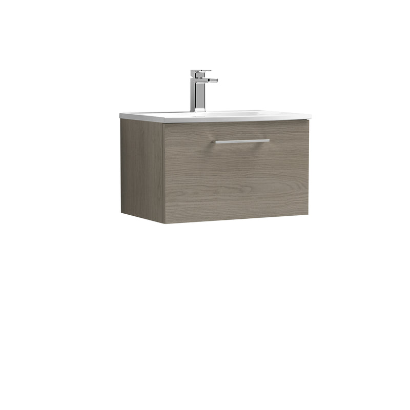 Nuie Arno 600 x 383mm Wall Hung Vanity Unit With 1 Drawer & Curved Basin - Solace Oak Woodgrain