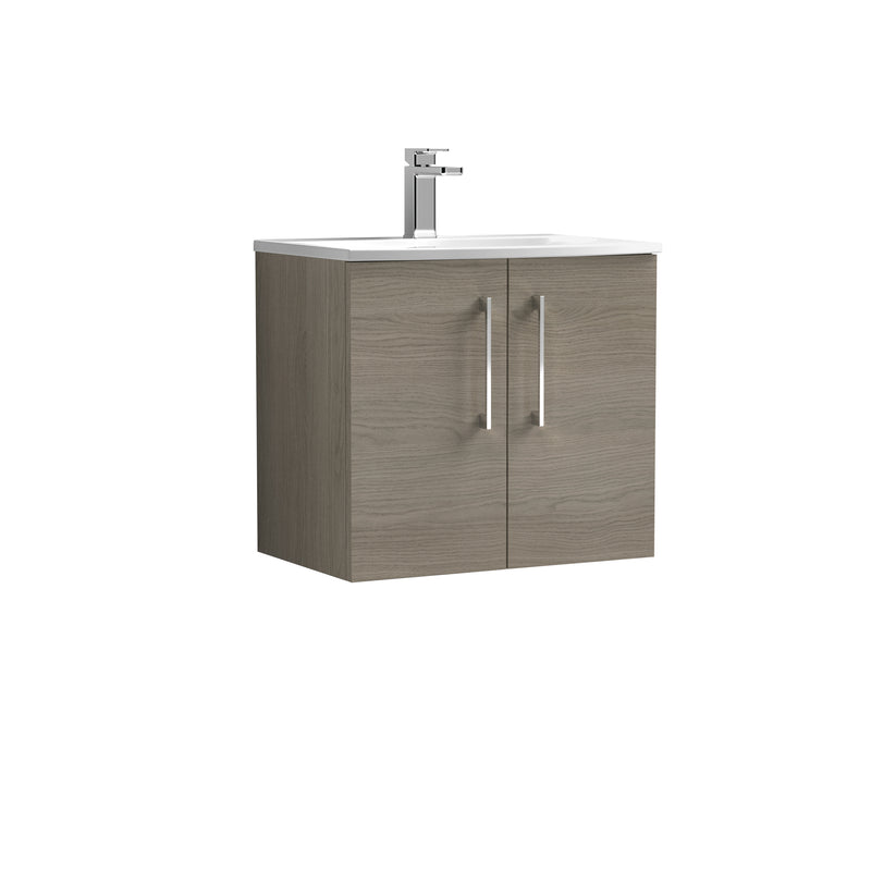 Nuie Arno 600 x 383mm Wall Hung Vanity Unit With 2 Doors & Curved Basin - Solace Oak Woodgrain