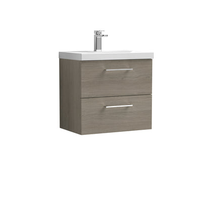 Nuie Arno 600 x 383mm Wall Hung Vanity Unit With 2 Drawers & Mid Edge Basin - Solace Oak Woodgrain